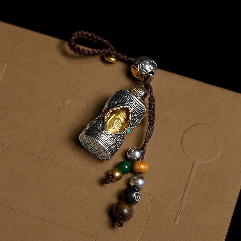 Buddha Stones Om Mani Padme Hum Ghau Scatola di preghiera Portachiavi in argento placcato in rame con portafortuna - Image 3