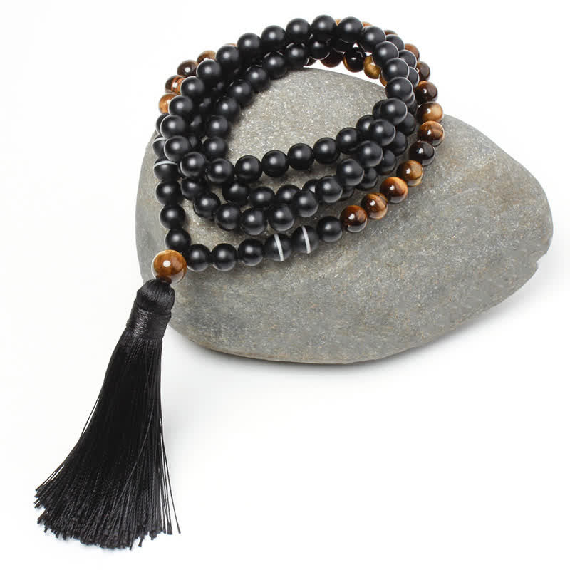 Buddha Stones Onice Nero Occhio di Tigre Braccialetto della Fortuna Collana con Nappa Pendente - Image 4