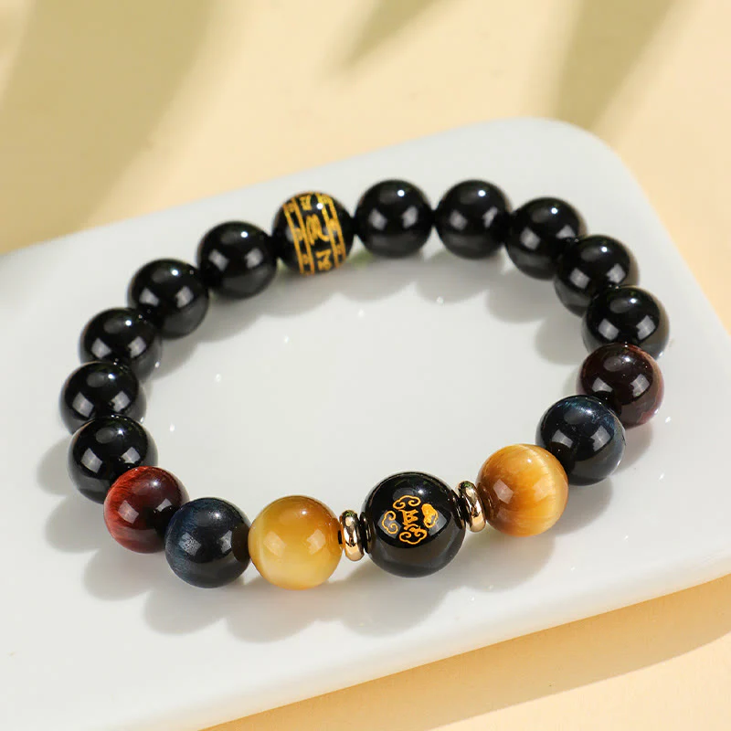 Buddha Stones Onice nero Occhio di tigre Om Mani Padme Hum Zodiaco cinese Braccialetto di supporto del Buddha di Natale - Image 12