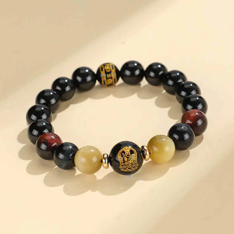 Buddha Stones Onice nero Occhio di tigre Om Mani Padme Hum Zodiaco cinese Braccialetto di supporto del Buddha di Natale - Image 20