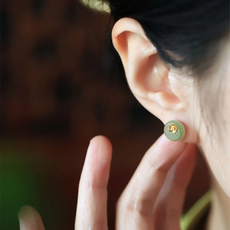 Buddha Stones Orecchini a forma di fiore in argento sterling 925 con giada ciano - Image 5