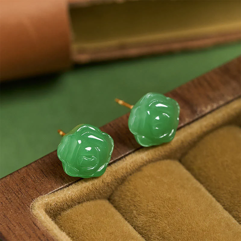 Buddha Stones Orecchini a forma di rosa in argento sterling 925 con calcedonio verde, simbolo di forza e coraggio.