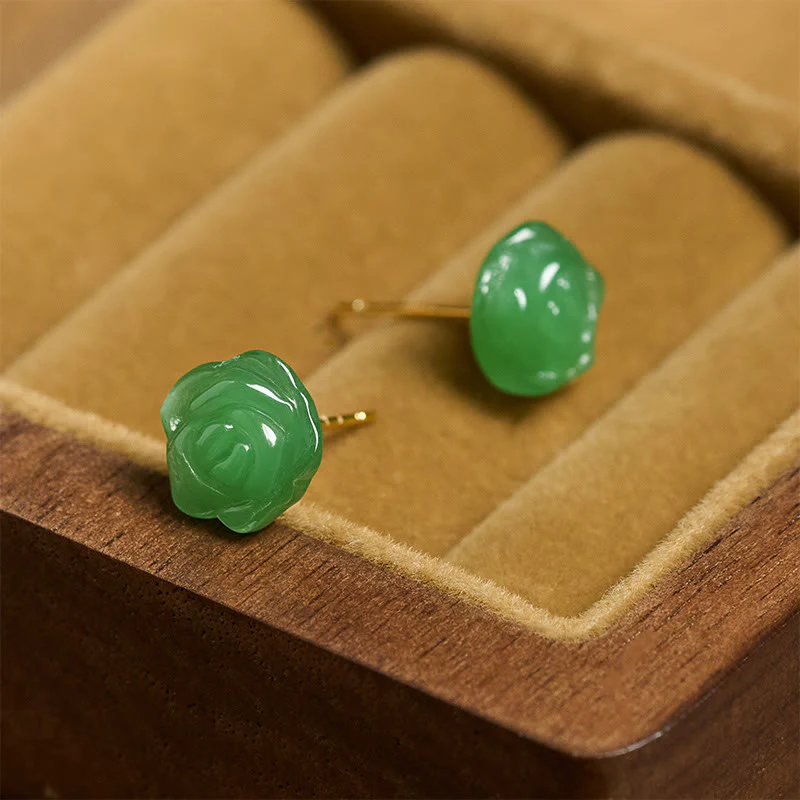 Buddha Stones Orecchini a forma di rosa in argento sterling 925 con calcedonio verde, simbolo di forza e coraggio. - Image 2