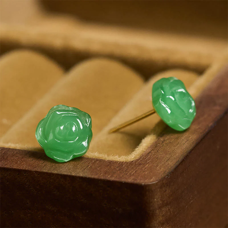 Buddha Stones Orecchini a forma di rosa in argento sterling 925 con calcedonio verde, simbolo di forza e coraggio. - Image 3