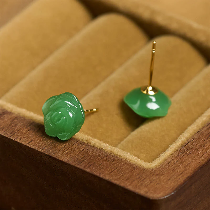 Buddha Stones Orecchini a forma di rosa in argento sterling 925 con calcedonio verde, simbolo di forza e coraggio. - Image 4