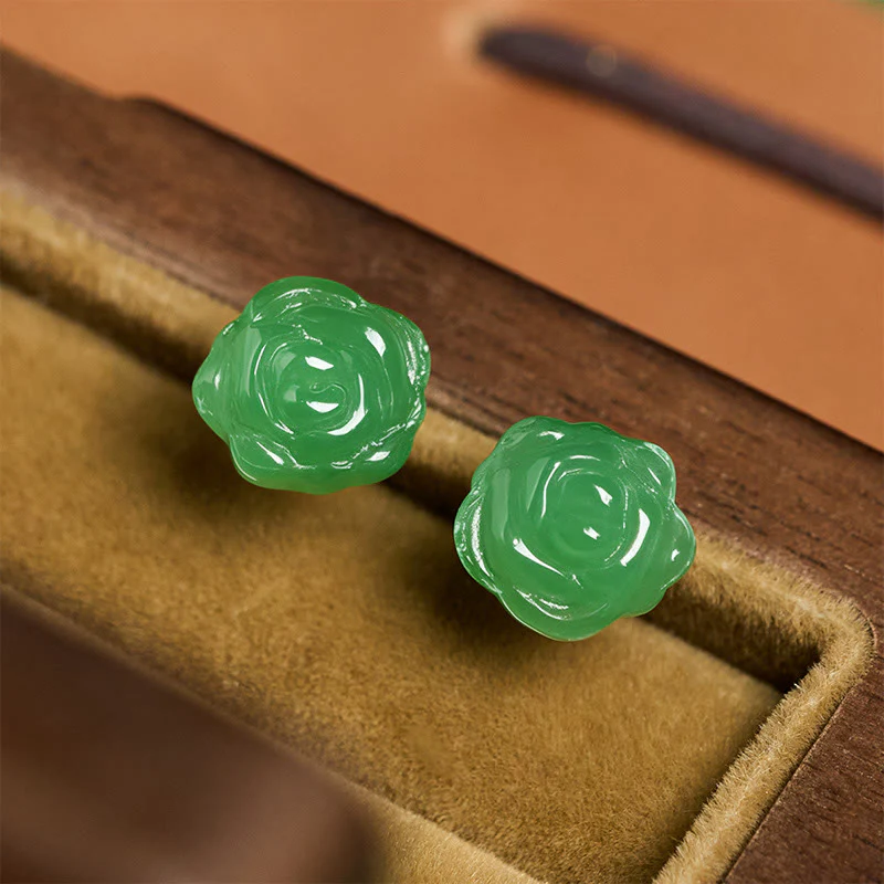 Buddha Stones Orecchini a forma di rosa in argento sterling 925 con calcedonio verde, simbolo di forza e coraggio. - Image 5