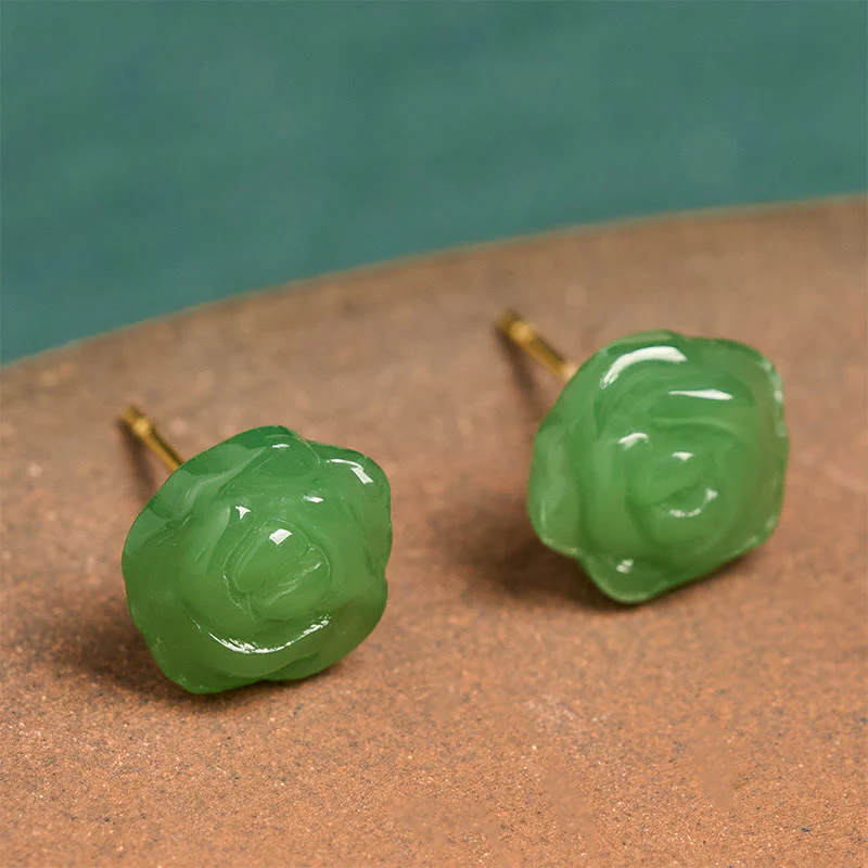 Buddha Stones Orecchini a forma di rosa in argento sterling 925 con calcedonio verde, simbolo di forza e coraggio. - Image 6