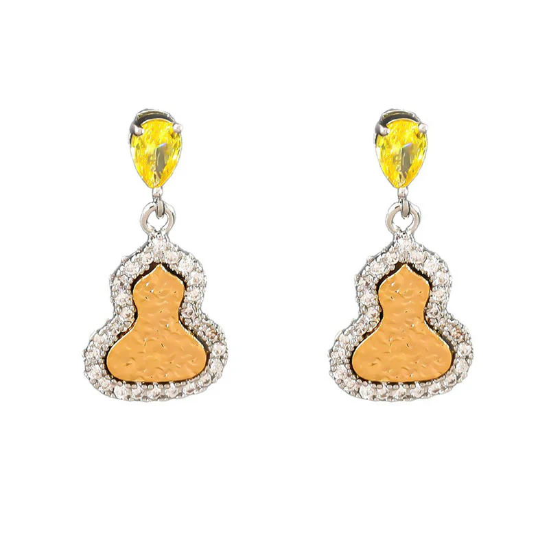 Buddha Stones Orecchini a lobo "Golden Gourd Zircon Copper Wealth" a forma di zucca dorata con ciondolo a forma di zircone. - Image 7