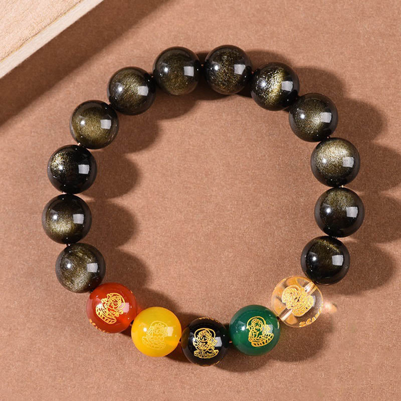 Buddha Stones Oro Lucentezza Ossidiana Ossidiana Arcobaleno Ossidiana Nera Cinque Direzioni Braccialetto degli Dei della Ricchezza