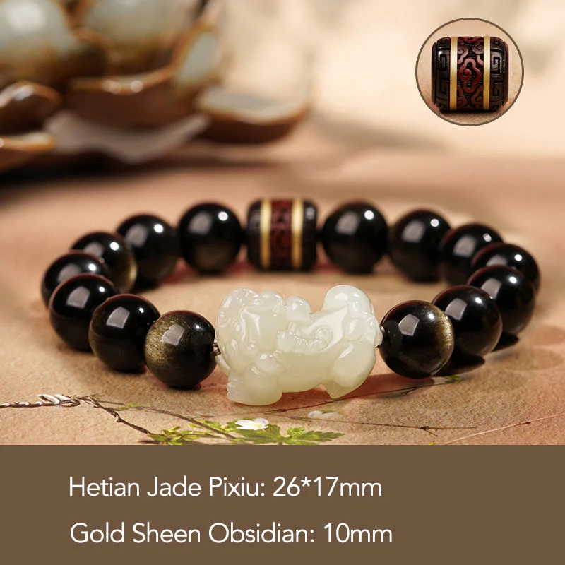 Buddha Stones Oro Naturale Lucentezza Ossidiana Giada Ciano Hetian Giada Bianca Bracciale PiXiu Ricchezza - Image 6