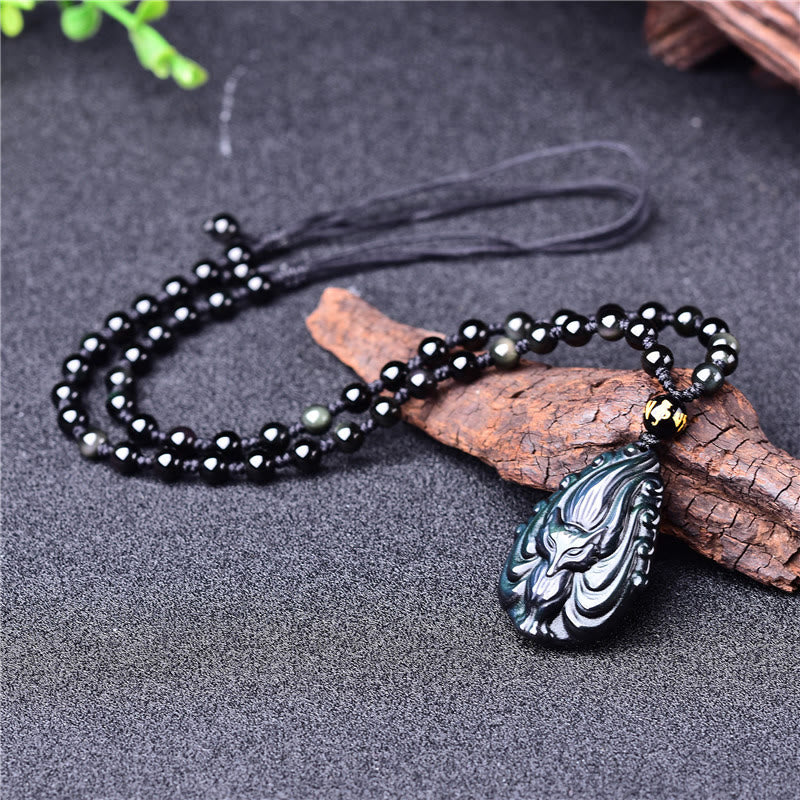 Buddha Stones Ossidiana arcobaleno naturale Volpe a nove code Collana di pace interiore Ciondolo con perline - Image 7