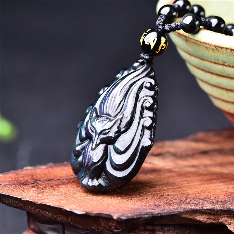 Buddha Stones Ossidiana arcobaleno naturale Volpe a nove code Collana di pace interiore Ciondolo con perline - Image 8