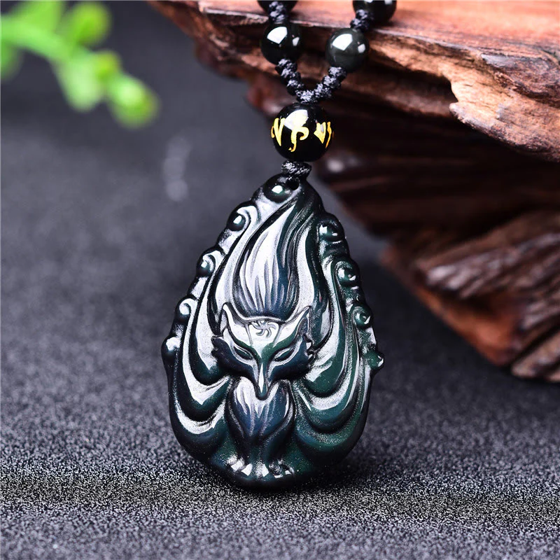 Buddha Stones Ossidiana arcobaleno naturale Volpe a nove code Collana di pace interiore Ciondolo con perline - Image 9