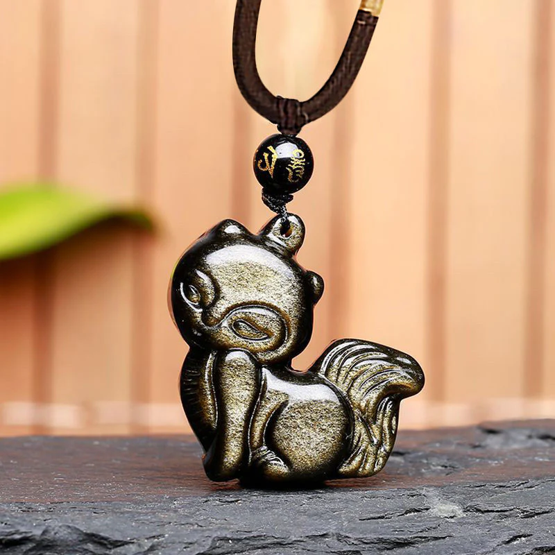 Buddha Stones Ossidiana naturale arcobaleno Oro lucentezza Ossidiana Volpe a nove code Collana pendente positivo - Image 14