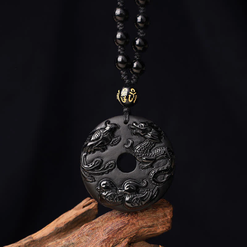 Buddha Stones Ossidiana nera Drago Fenice Mandarino Anatra Fortuna Protezione Collana Pendente
