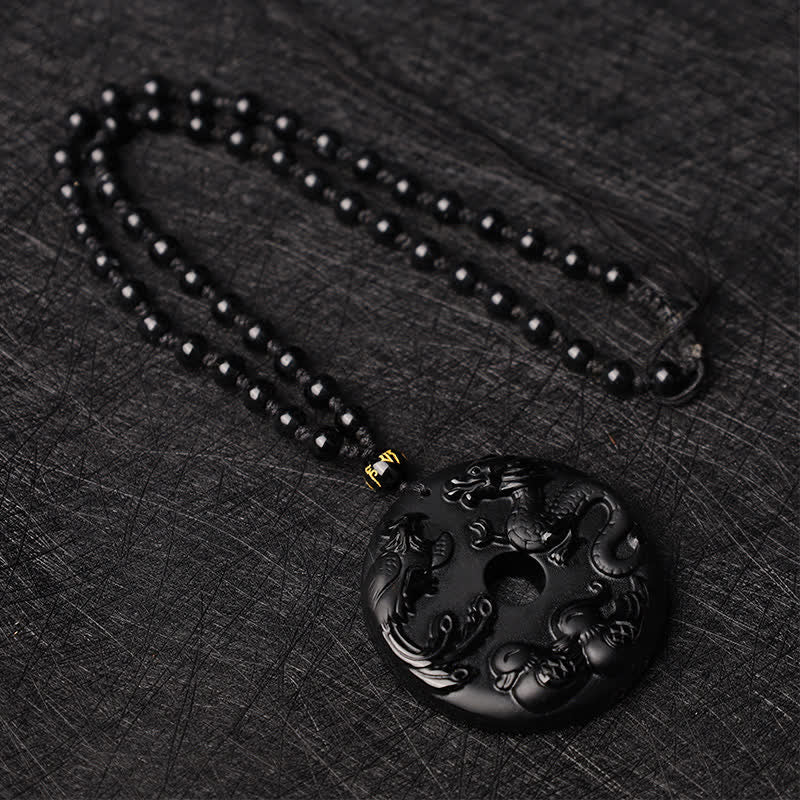 Buddha Stones Ossidiana nera Drago Fenice Mandarino Anatra Fortuna Protezione Collana Pendente - Image 4