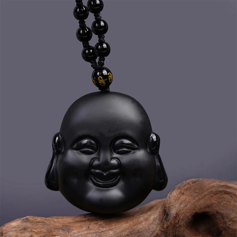 Buddha Stones Ossidiana nera naturale Buddha che ride Collana pendente di purificazione - Image 4