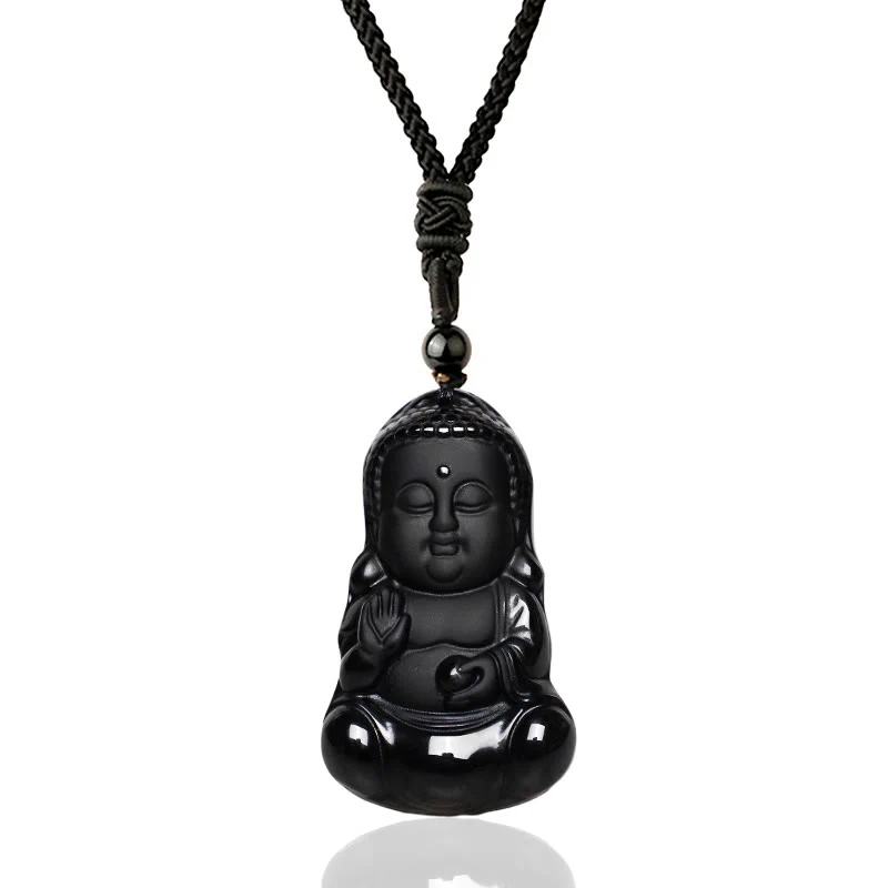 Buddha Stones Ossidiana nera naturale Cristallo Buddha Forza Protezione Amuleto Portafortuna Collana Pendente