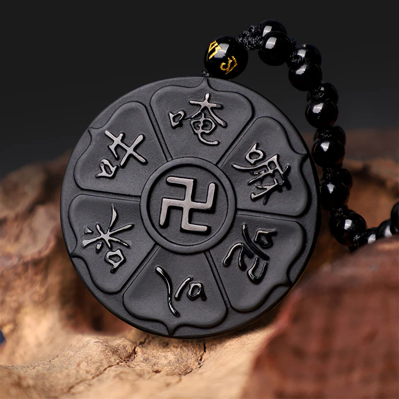 Buddha Stones Ossidiana nera naturale Tibetana Om Mani Padme Hum Buddha Svastica Collana con ciondolo portafortuna - Image 2