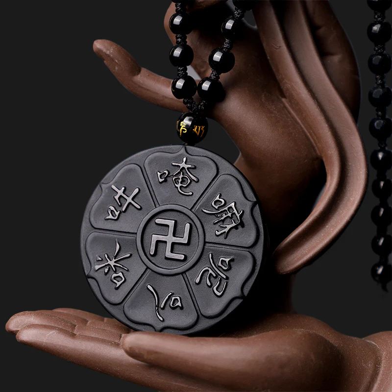 Buddha Stones Ossidiana nera naturale Tibetana Om Mani Padme Hum Buddha Svastica Collana con ciondolo portafortuna - Image 3