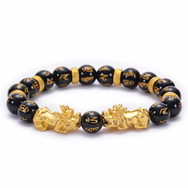 Buddha Stones Ossidiana nera Onice nero Lega dorata Due PiXiu Om Mani Padme Hum Braccialetto di forza