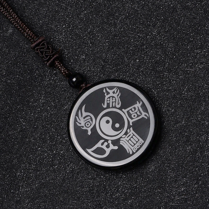 Buddha Stones Ossidiana nera Taoismo Cinque montagne sacre Mantra a nove caratteri Intagliato Purificazione Yin Yang Collana pendente - Image 12