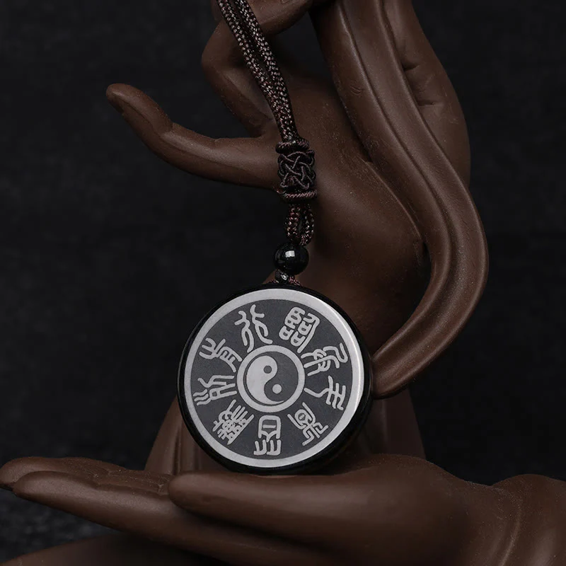 Buddha Stones Ossidiana nera Taoismo Cinque montagne sacre Mantra a nove caratteri Intagliato Purificazione Yin Yang Collana pendente - Image 9