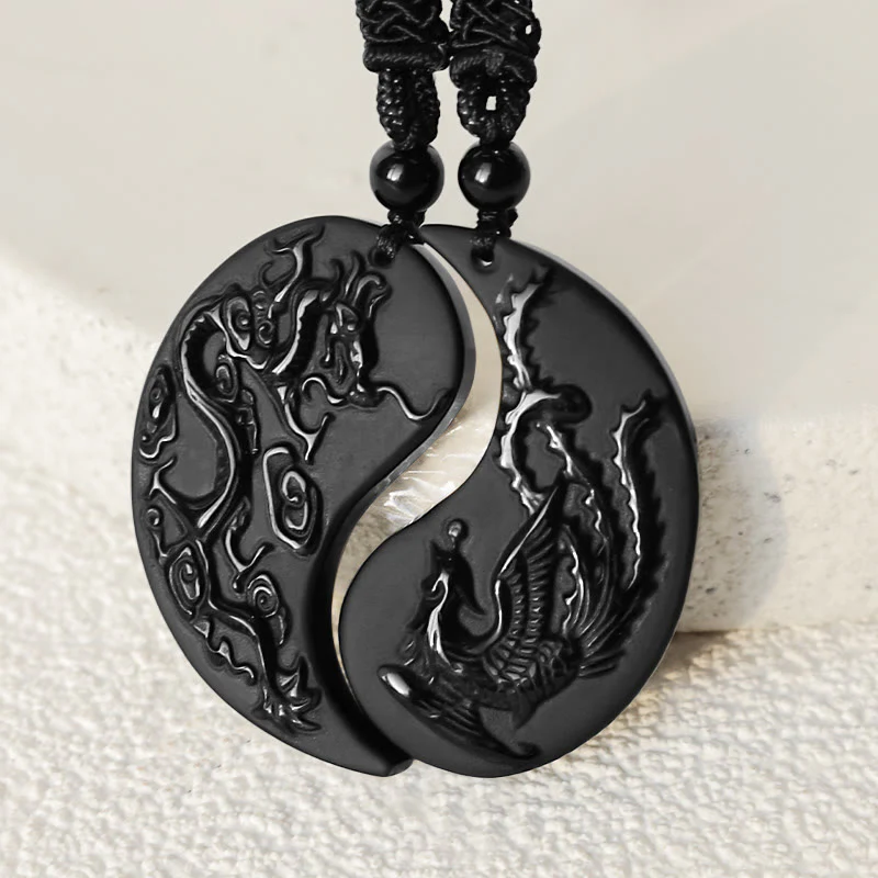 Buddha Stones Ossidiana nera Yin Yang Drago Fenice Collana pendente fortuna - Image 3