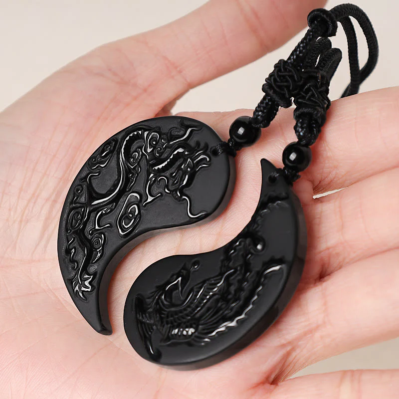 Buddha Stones Ossidiana nera Yin Yang Drago Fenice Collana pendente fortuna - Image 4