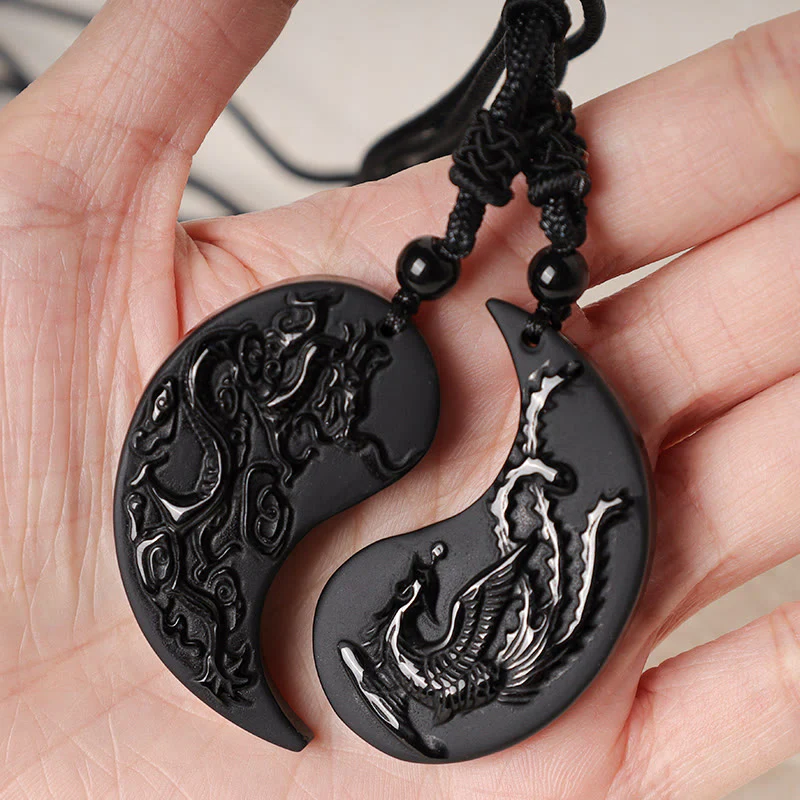 Buddha Stones Ossidiana nera Yin Yang Drago Fenice Collana pendente fortuna - Image 5