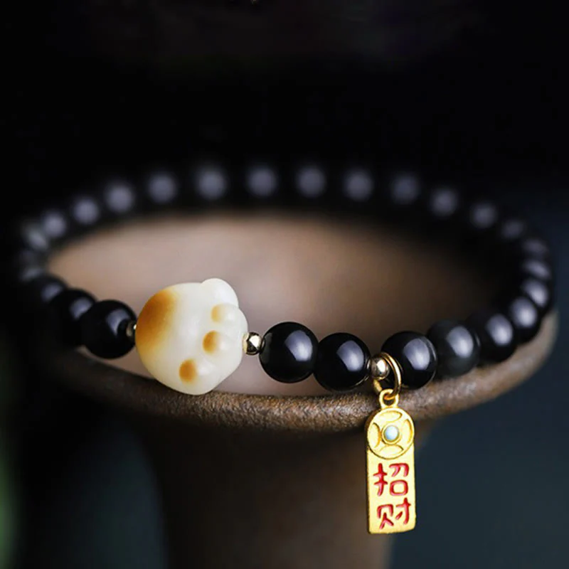 Buddha Stones Ossidiana nera Zampa di gatto Bodhi Seed Portafortuna Braccialetto di purificazione