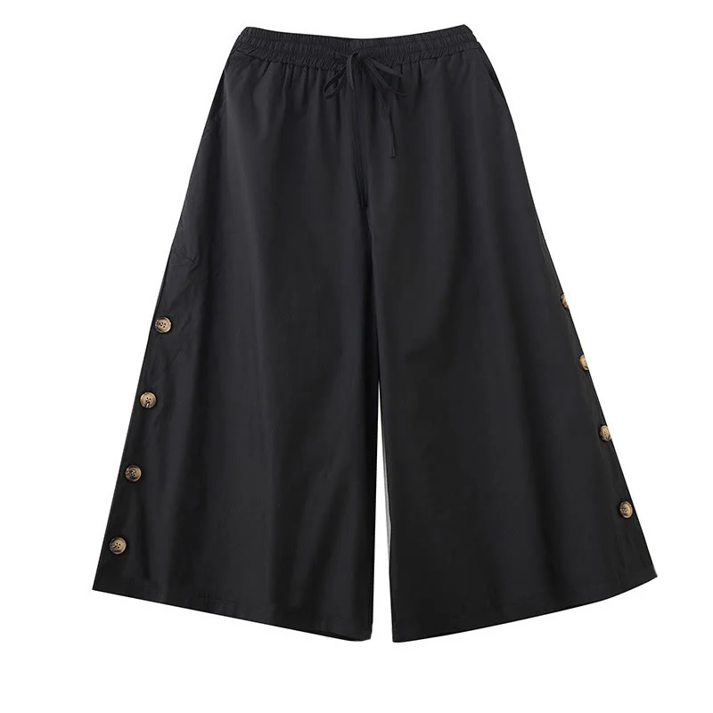 Buddha Stones Pantaloni Capri a gamba larga da donna con tasche e design laterale abbottonato semplice - Image 10