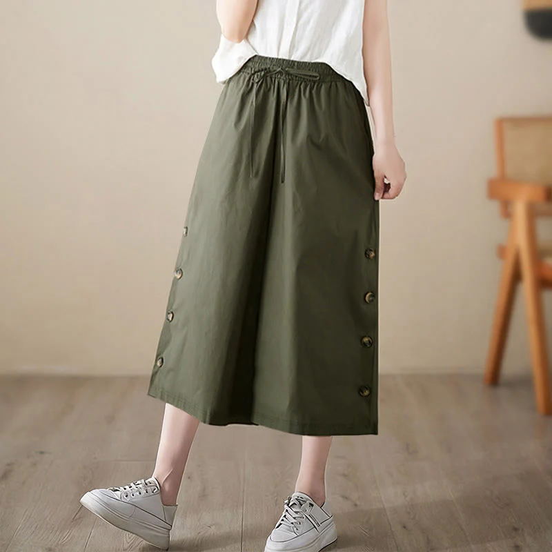 Buddha Stones Pantaloni Capri a gamba larga da donna con tasche e design laterale abbottonato semplice - Image 12