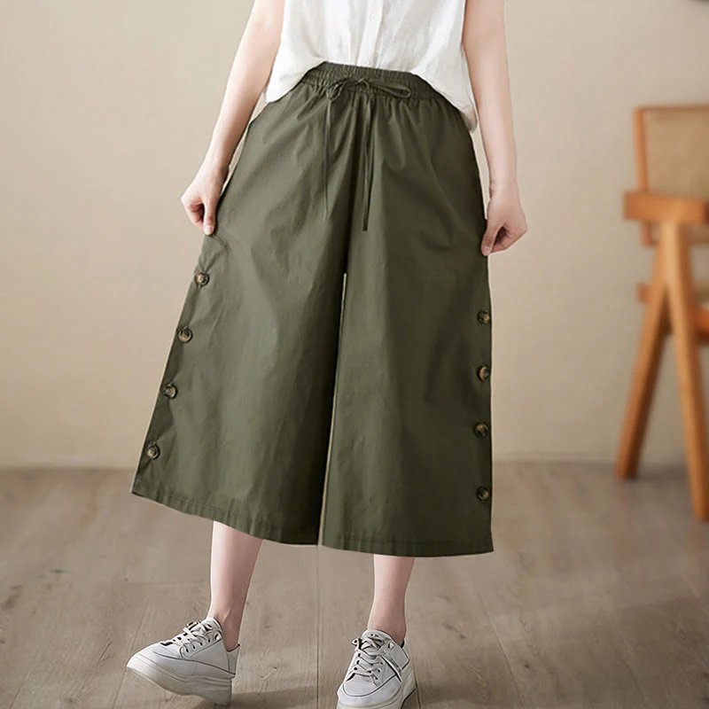Buddha Stones Pantaloni Capri a gamba larga da donna con tasche e design laterale abbottonato semplice - Image 13