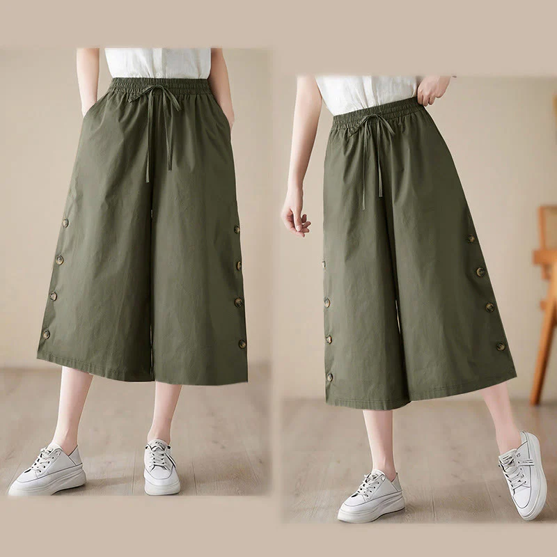 Buddha Stones Pantaloni Capri a gamba larga da donna con tasche e design laterale abbottonato semplice - Image 14