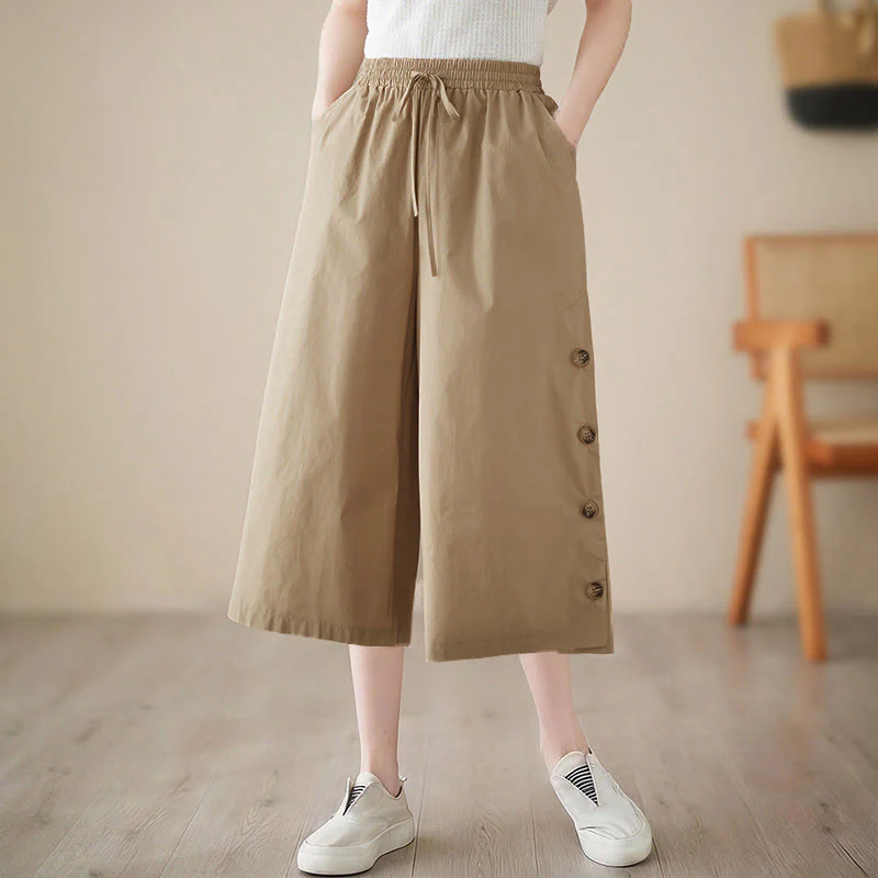 Buddha Stones Pantaloni Capri a gamba larga da donna con tasche e design laterale abbottonato semplice - Image 15