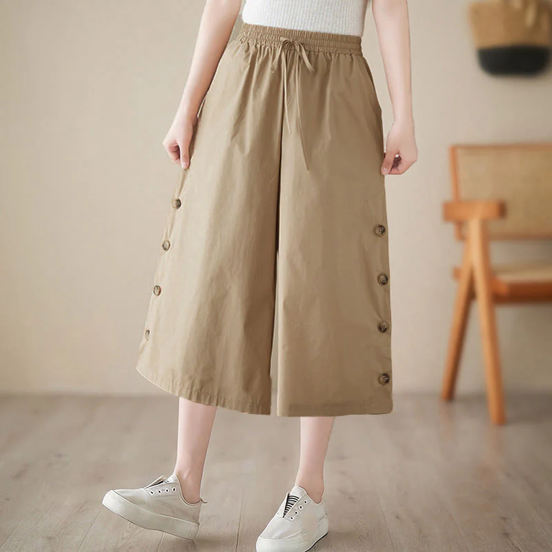 Buddha Stones Pantaloni Capri a gamba larga da donna con tasche e design laterale abbottonato semplice - Image 16