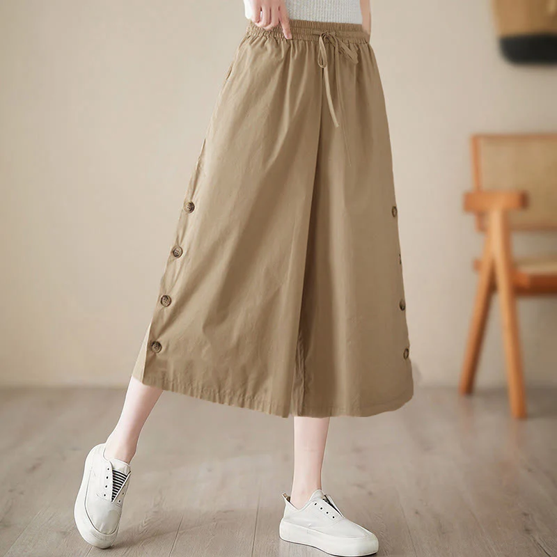 Buddha Stones Pantaloni Capri a gamba larga da donna con tasche e design laterale abbottonato semplice - Image 17
