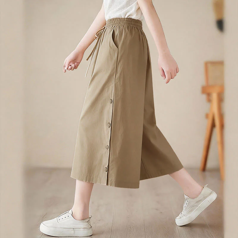 Buddha Stones Pantaloni Capri a gamba larga da donna con tasche e design laterale abbottonato semplice - Image 18