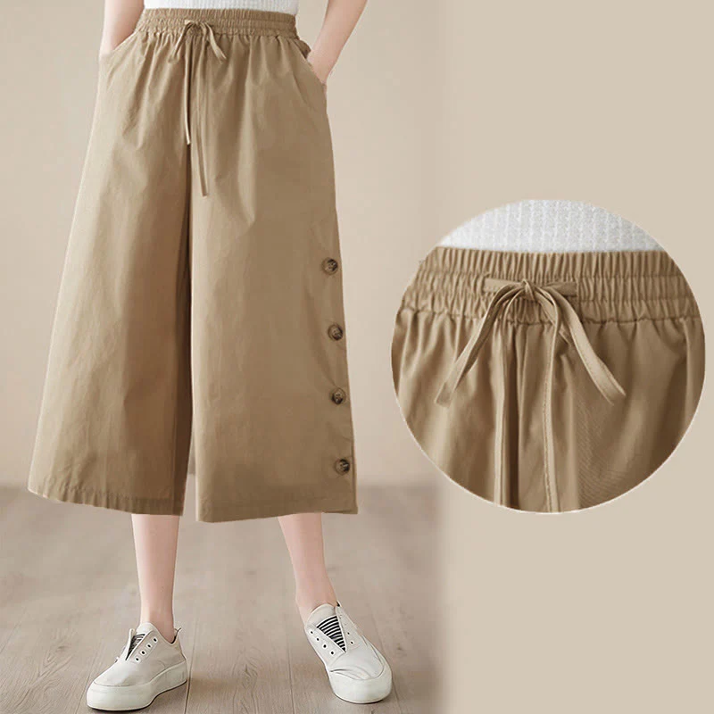 Buddha Stones Pantaloni Capri a gamba larga da donna con tasche e design laterale abbottonato semplice - Image 19