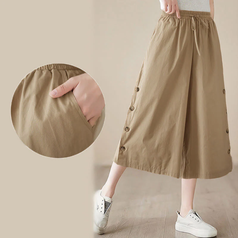 Buddha Stones Pantaloni Capri a gamba larga da donna con tasche e design laterale abbottonato semplice - Image 20