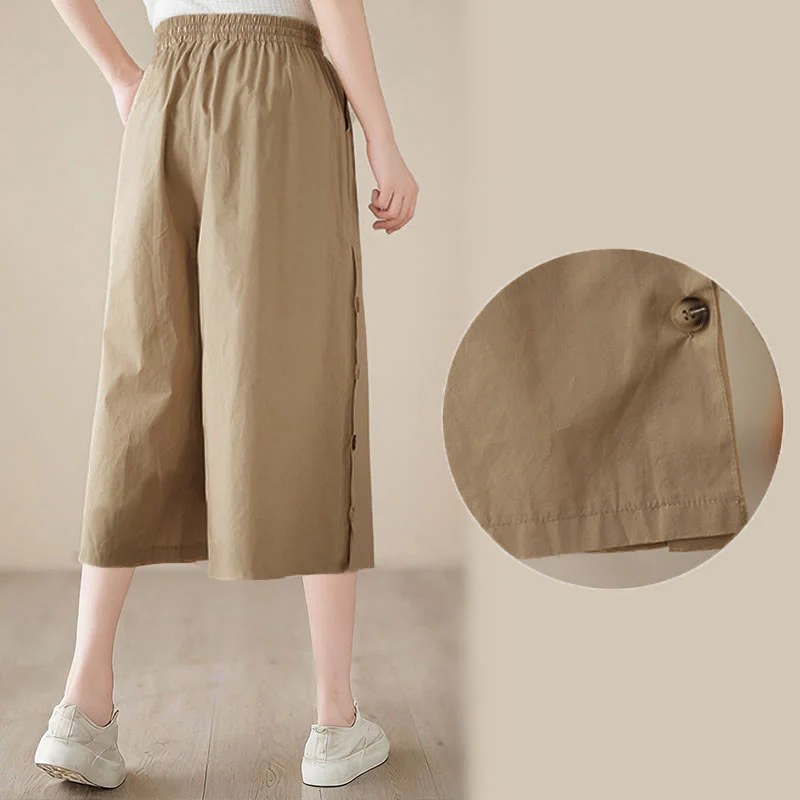 Buddha Stones Pantaloni Capri a gamba larga da donna con tasche e design laterale abbottonato semplice - Image 21