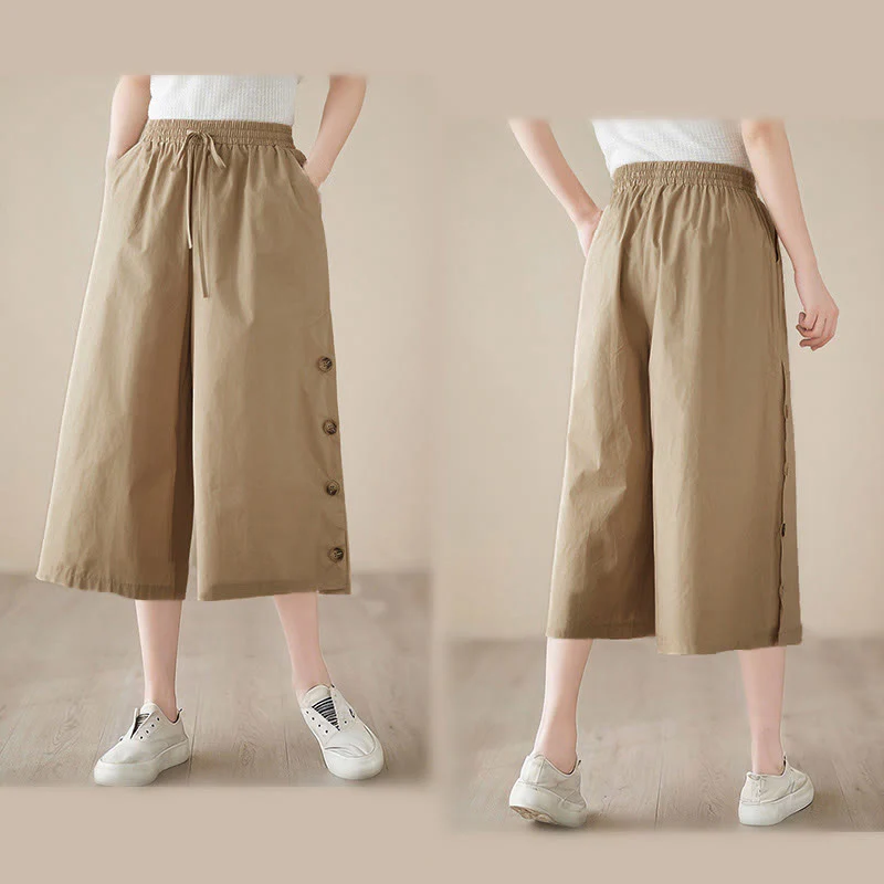 Buddha Stones Pantaloni Capri a gamba larga da donna con tasche e design laterale abbottonato semplice - Image 22