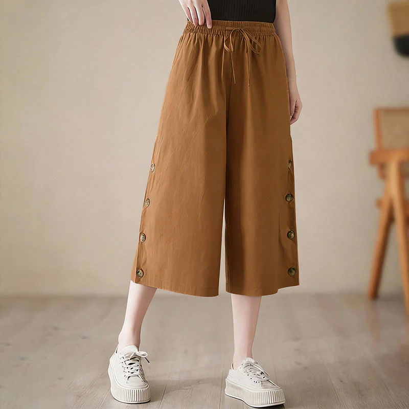 Buddha Stones Pantaloni Capri a gamba larga da donna con tasche e design laterale abbottonato semplice - Image 3