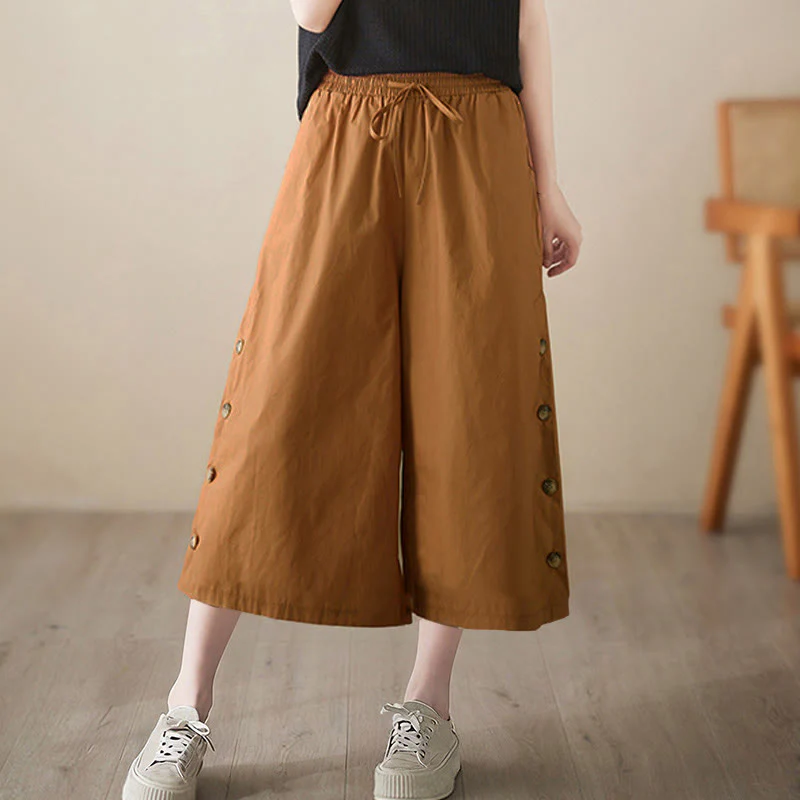Buddha Stones Pantaloni Capri a gamba larga da donna con tasche e design laterale abbottonato semplice - Image 4