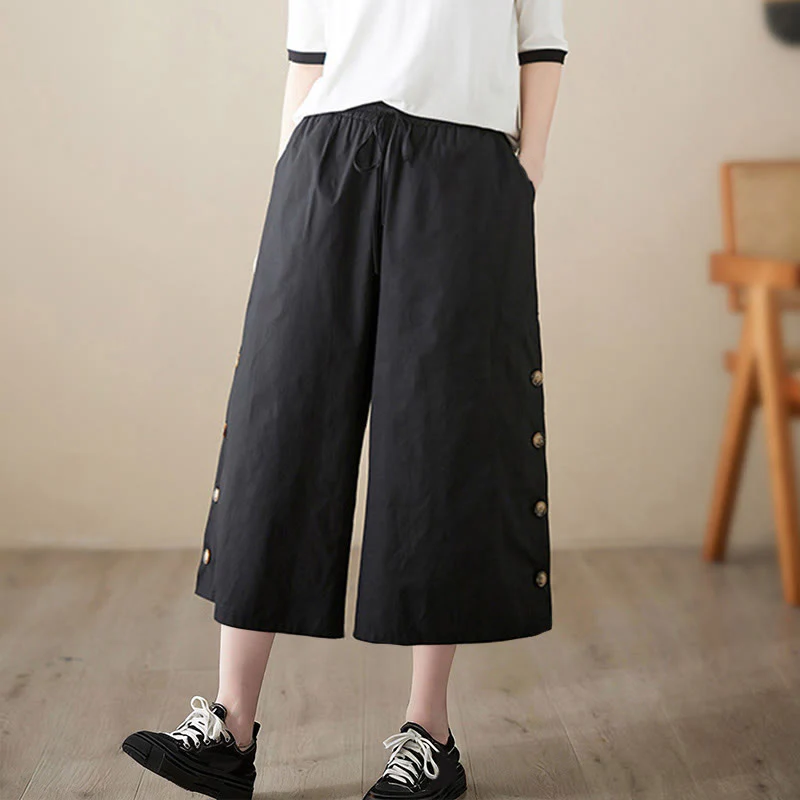 Buddha Stones Pantaloni Capri a gamba larga da donna con tasche e design laterale abbottonato semplice - Image 8