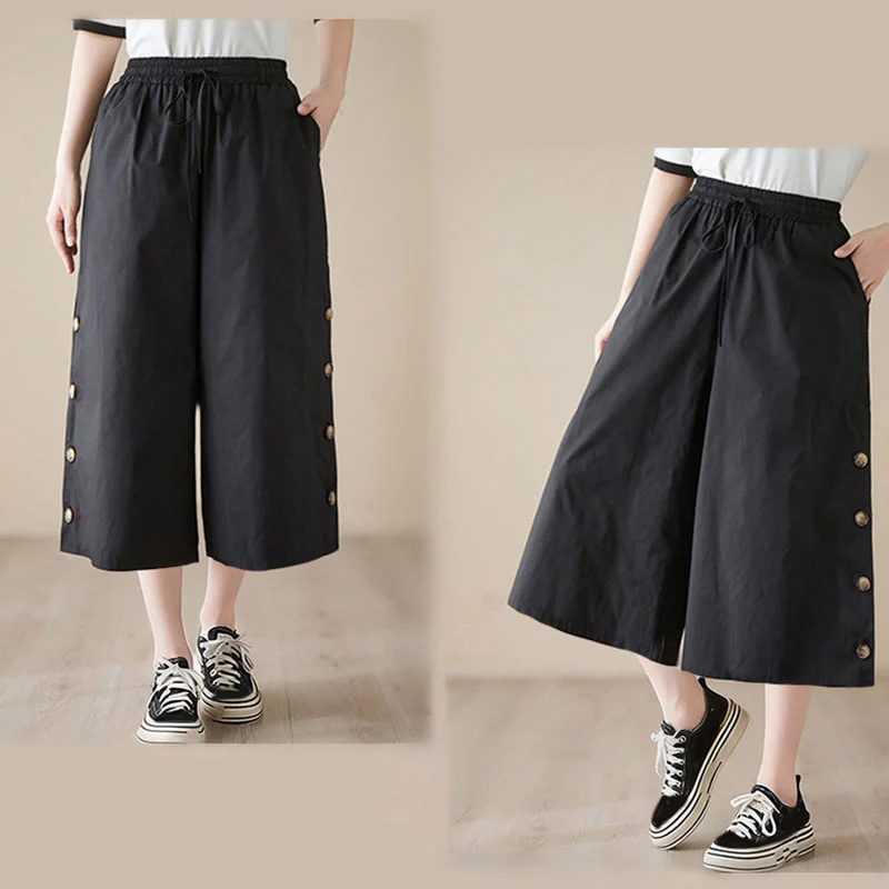 Buddha Stones Pantaloni Capri a gamba larga da donna con tasche e design laterale abbottonato semplice - Image 9
