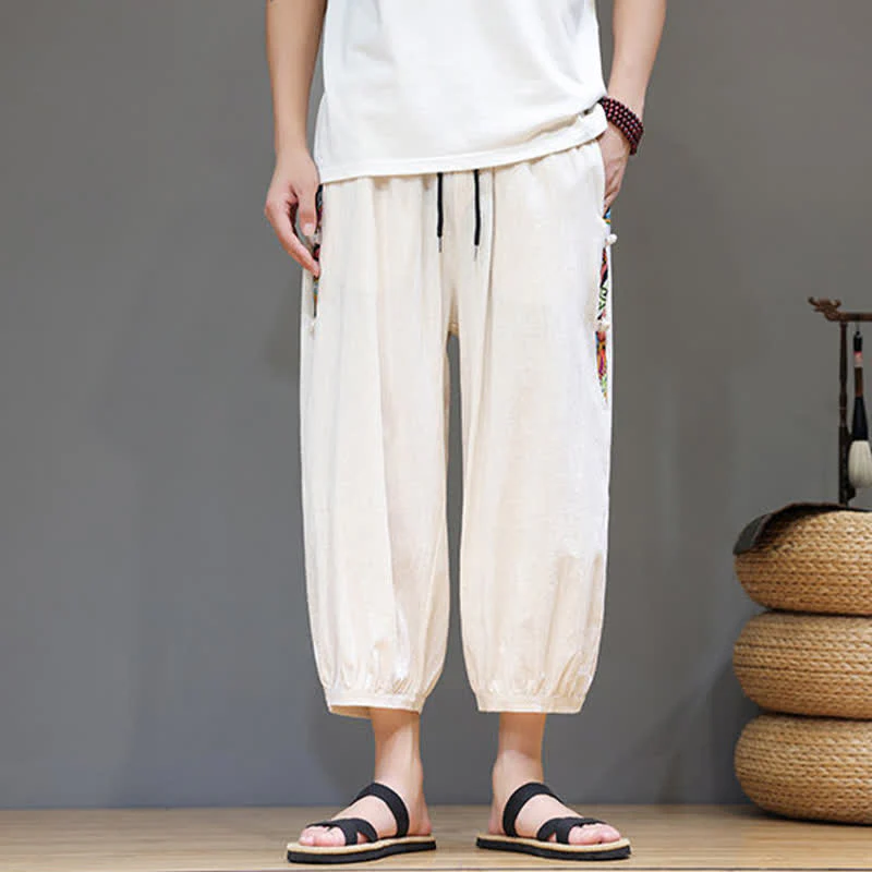 Buddha Stones Pantaloni capri da uomo estivi a vita alta con coulisse e strisce laterali in stile tribale, con tasche. - Image 2
