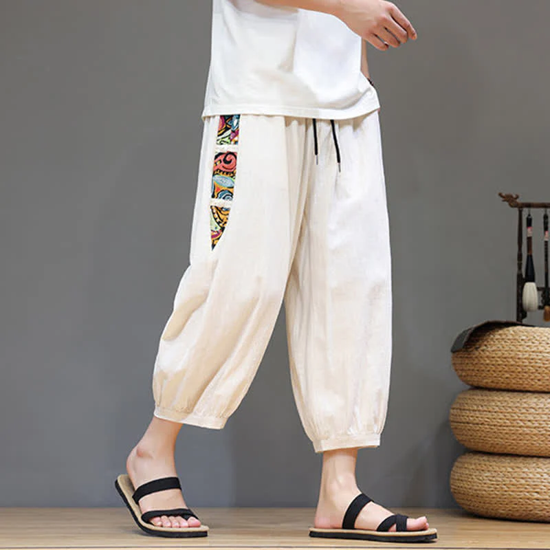 Buddha Stones Pantaloni capri da uomo estivi a vita alta con coulisse e strisce laterali in stile tribale, con tasche. - Image 4