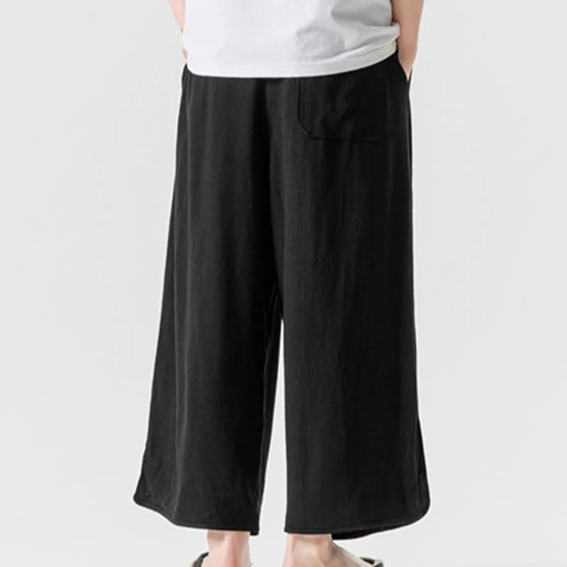 Buddha Stones Pantaloni casual larghi da uomo in cotone e lino con bottoni a rana, lunghezza 7-8, con tasche - Image 14